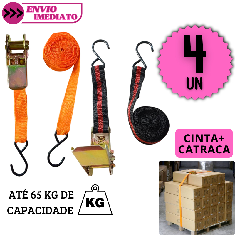Kit 4 Cinta com Catraca Reforçada 65kg Amarra Carga Moto Carro Frete Bagageiro