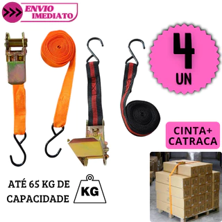 Kit 4 Cinta com Catraca Reforçada 65kg Amarra Carga Moto Carro Frete Bagageiro