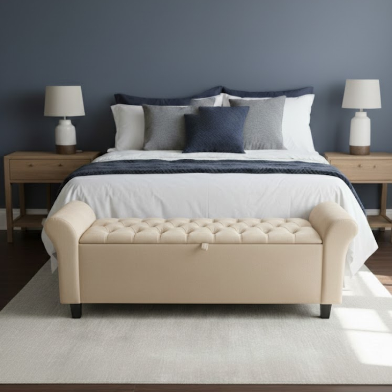 Baú Recamier Divã Paris Capitonê 150cm Para Cama Queen Tecido Suede Estrutura em Madeira - AV