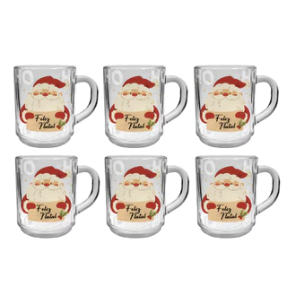 Kit 6 Canecas de Natal Em Vidro 250ml Decoradas Natalinas