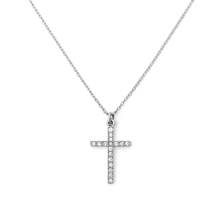 Colar Feminino Prata de Aço Inoxidável Pingente Cruz Cravejada Corrente Fina 45cm Crucifixo Zircônia