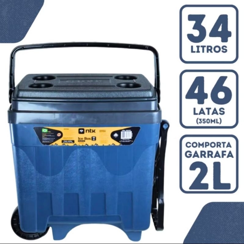 Caixa Térmica Cooler Ice Box Com Rodas 34L Cinza Azul Capacidade 46 latas - NTK carnaval | Shopee Brasil