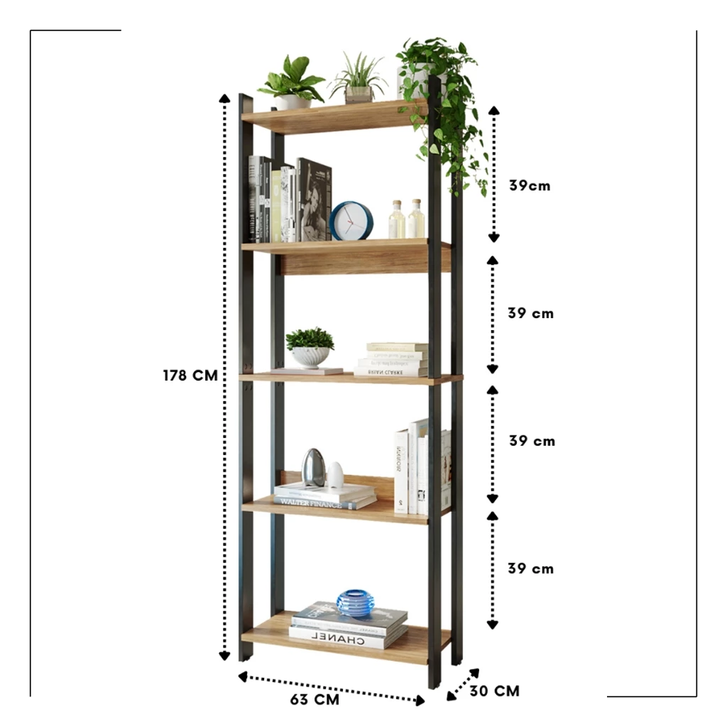 Diagrama de uma estante estilo industrial com dimensões indicadas: 178cm de altura, 63cm de largura e 30cm de profundidade, com prateleiras de 39cm.