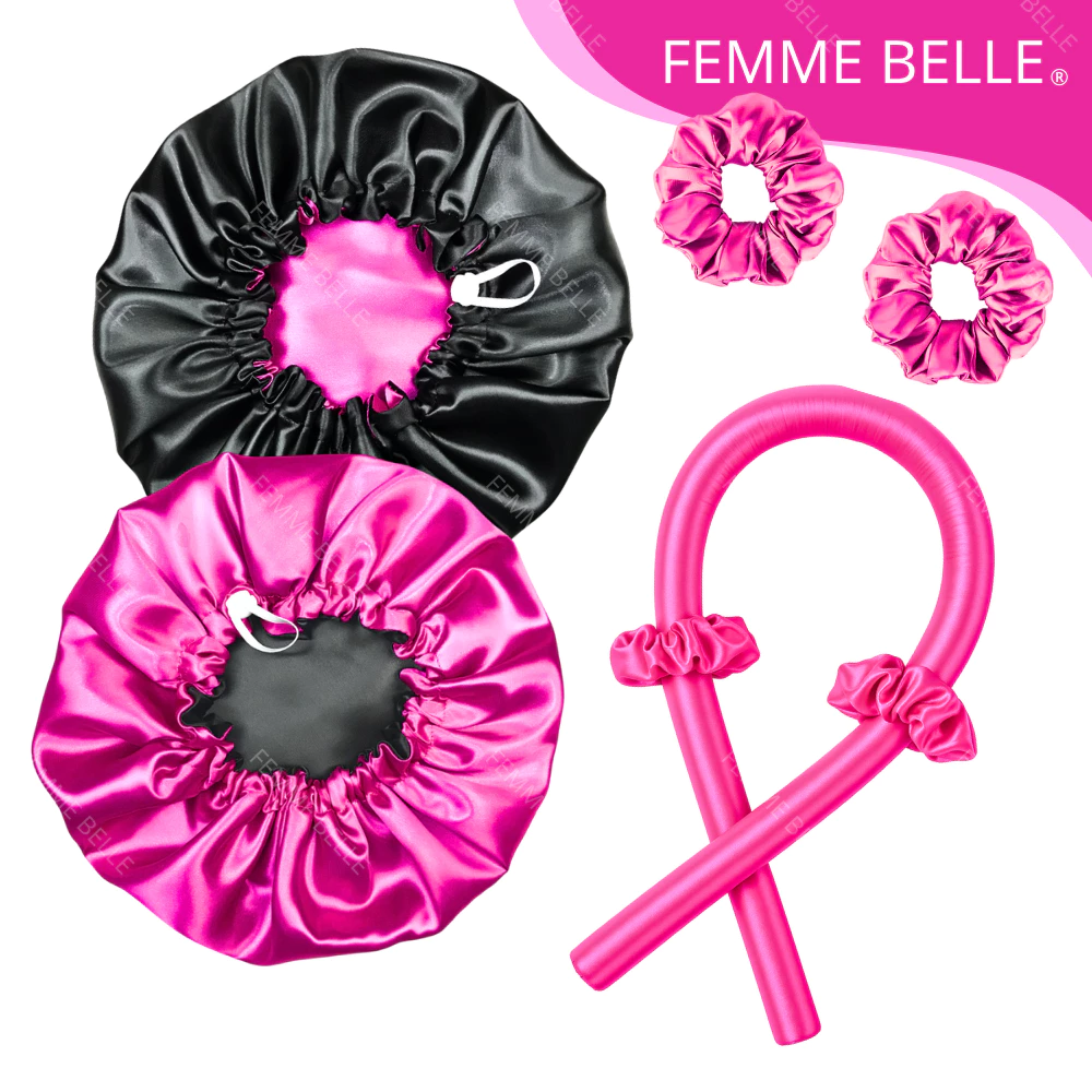 kit cetim touca cetim dupla face ajustável + modelador curling rod + scrunchies
