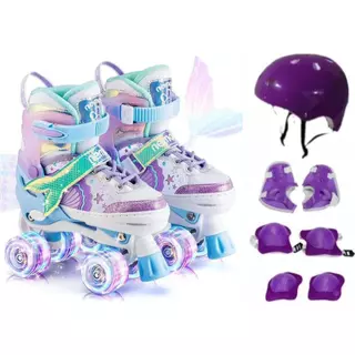Patins Sereia Roxo Infantil 4 Rodas Sports Regulável com luz de LED Com e Sem Kit de Segurança em Oferta na Shopee