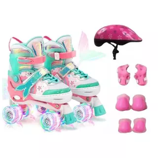 Patins Sereia Rosa Infantil 4 Rodas Regulável com luz de LED Com e Sem Kit de Segurança
