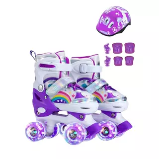 Patins Arco Íris Roxo Infantil 4 Rodas Sports Ajustável com luz de LED Com e Sem Kit de Segurança