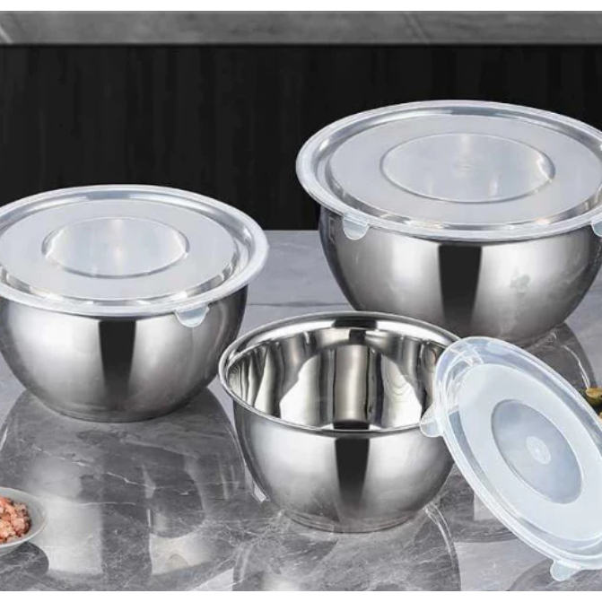 Bowls Tigelas de Inox com Tampa Plastica - bacia inox bowl i