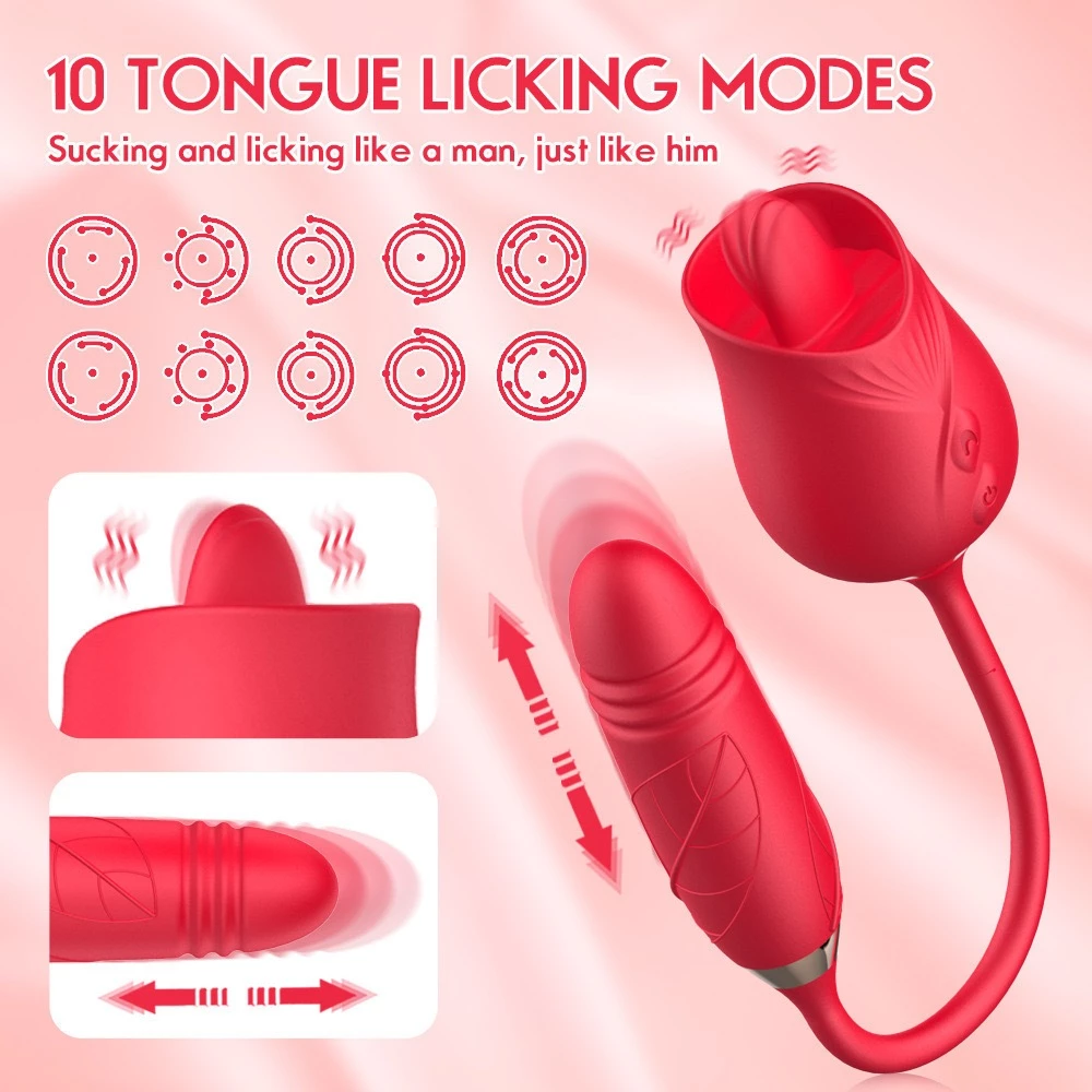 Vibrador Rosa 2 en 1 Estimulador de Lengua con vibrador de va y ven Clitoriano, Vaginal y Anal Recargable ¡100% A PRUEBA DE AGUA!