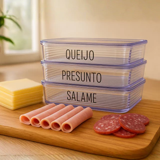 Porta Frios Hermético Com Adesivos Queijo Presunto Duplo Triplo com Tampa Pote Mantimentos
