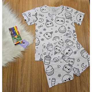 Pijama Infantil para Colorir Pintar Menino Menina Camiseta Manga Curta e Short Estampados LF043 em Oferta na Shopee