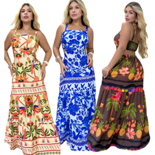 Vestido Longo Boho Feminino de Verão – Estampado, Leve e Estiloso Tecido Crepinho em Oferta na Shopee