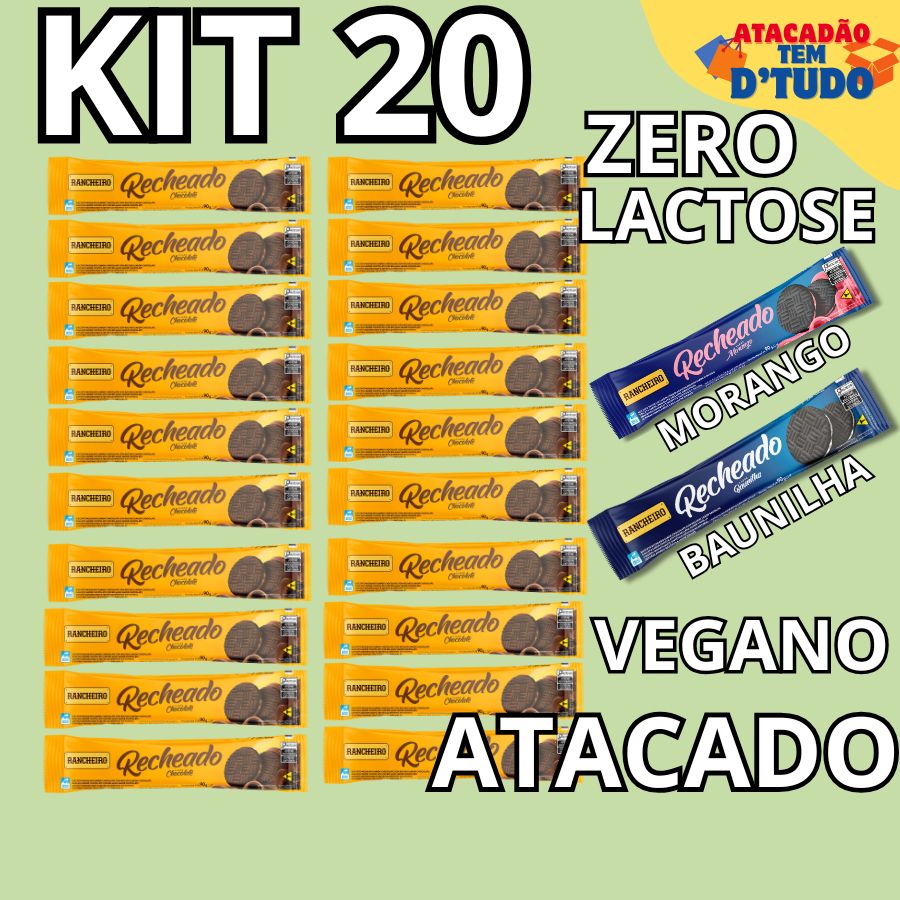 Kit 20 Biscoitos Rancheiro Vegano Zero Lactose Sabor Chocolate Morango ...