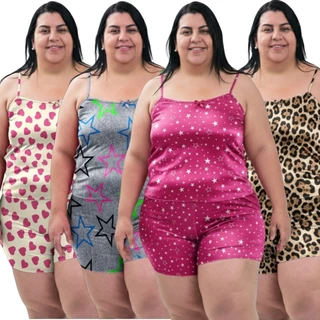 4 Conjuntos Plus Size Baby Doll Short Doll Estampado Sem Bojo Pijamas Premium em Oferta na Shopee