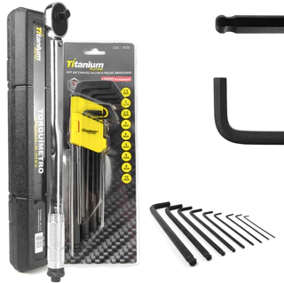 Kit Torquímetro Estalo 1/2” 28–210 Nm + Chaves Allen Longas 9 Peças CRV Titanium Platina em Oferta na Shopee