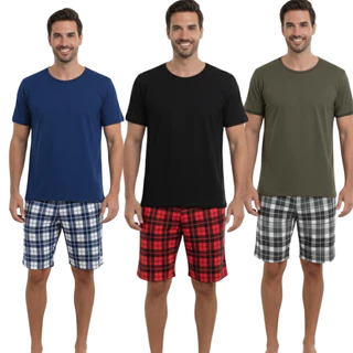Kit 2 Pijama Masculino Longo Inverno Liso Básico/ Kit 2 Pijama Curto Básico Xadrez em Oferta na Shopee