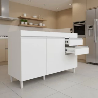 Balcão Gabinete para Cozinha 120cm 3 Portas e 2 Gavetas Sem Tampo