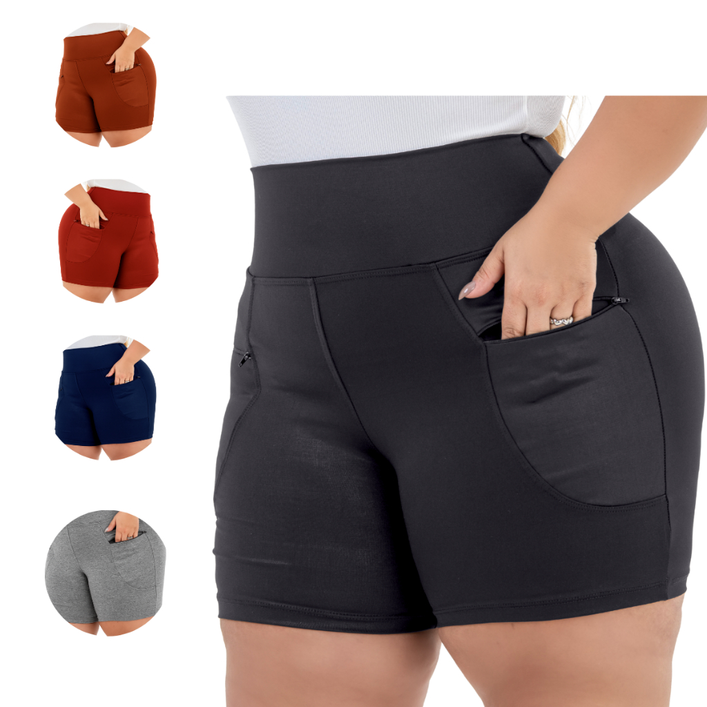 Bermuda Feminina Plus Size Short Cintura Alta Bolso com Ziper