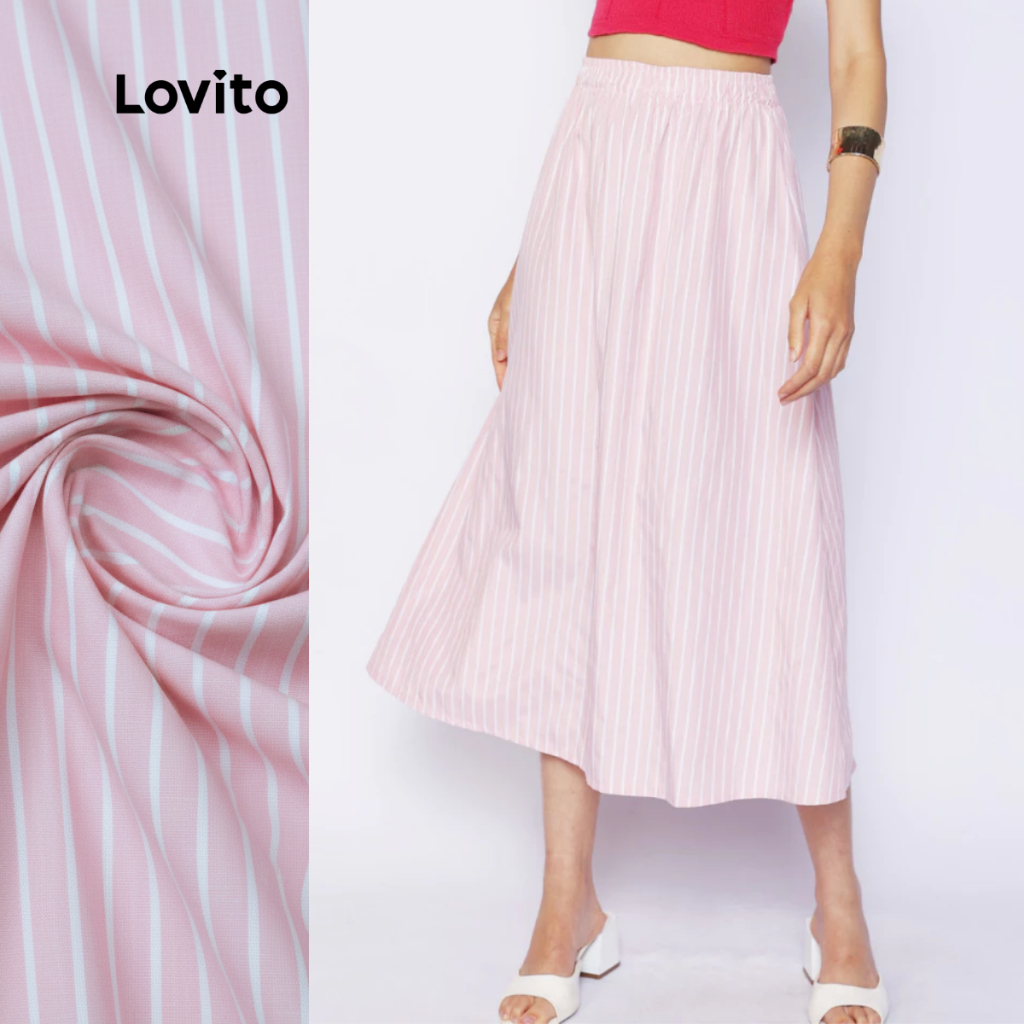 Lovito Saia Midi Vermelha Listrada Moda Modesta Feminina LB1306BRL1336