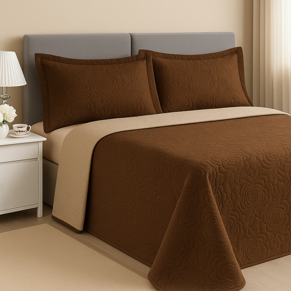 Imagem do produto Kit Colcha Cobre Leito Casal Dupla Face 3 Peças Estampada Porta Travesseiro 100% Poliéster MARROM