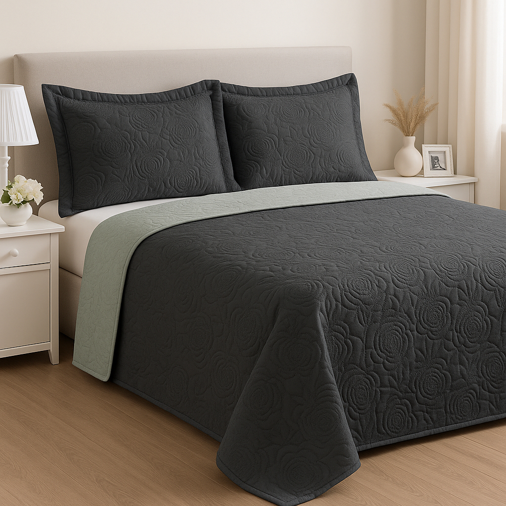 Imagem do produto Kit Colcha Cobre Leito Casal Dupla Face 3 Peças Estampada Porta Travesseiro 100% Poliéster CINZA/CHUMBO