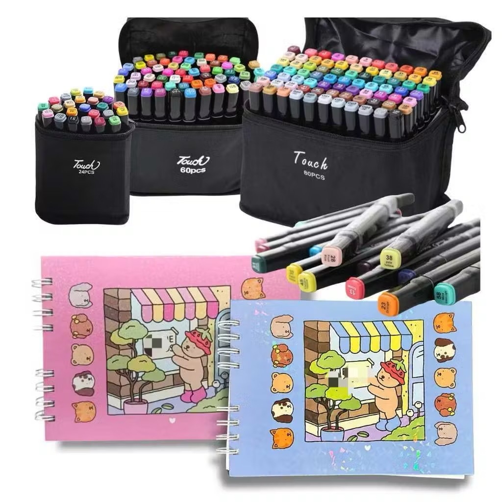 KIT DE Caneta Marcadora100/120/168 CORES+LIVRO 48 FOLHAS  Ponta Dupla Conjunto de canetas colorida marker Artes