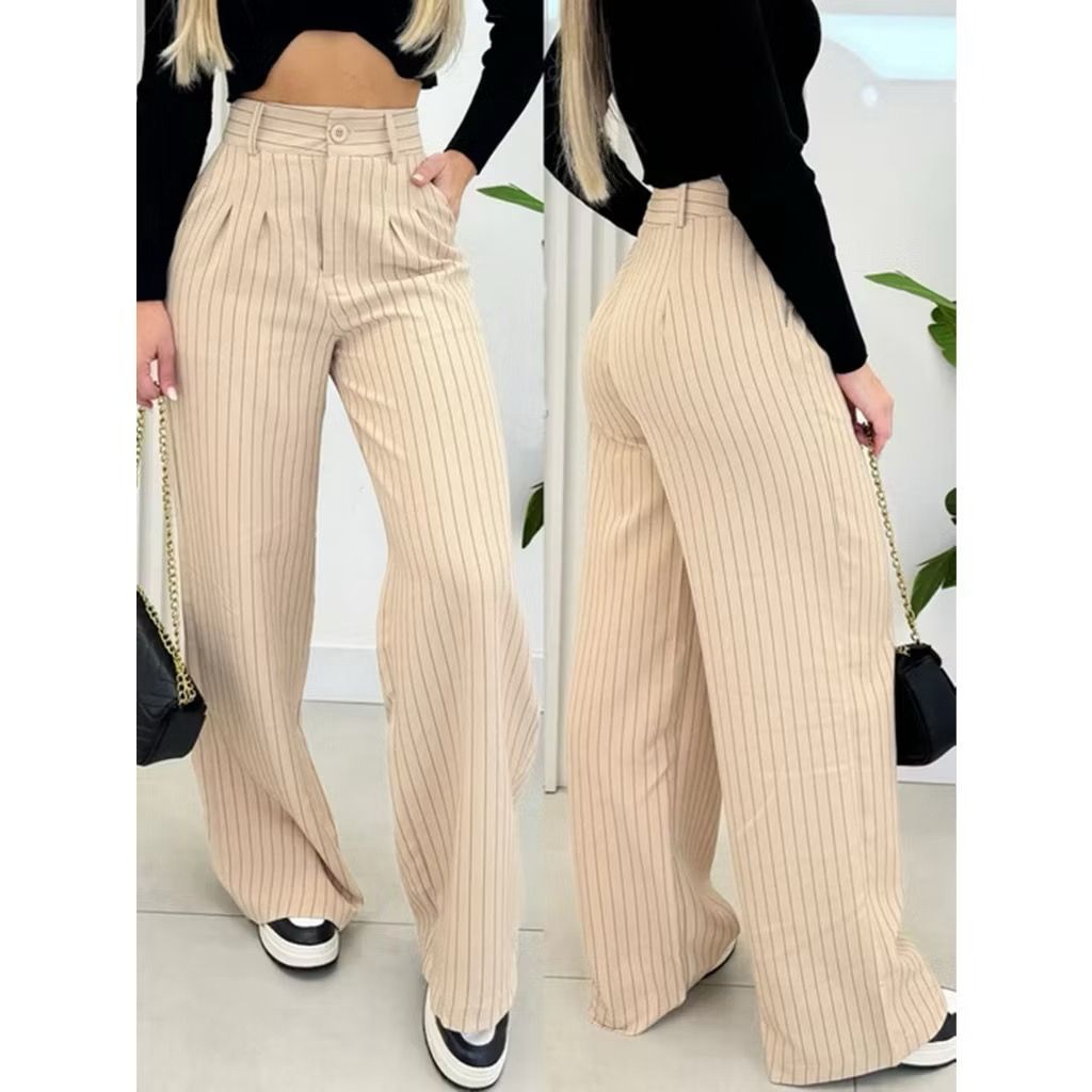 Calça Pantalona Alfaiataria Wide Leg Modelo listrado | Shopee Brasil