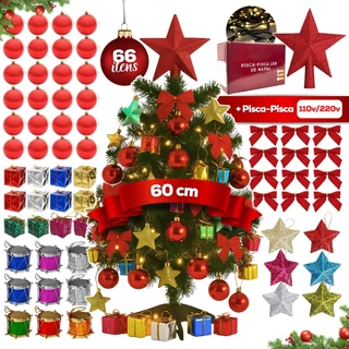Árvore De Natal Decorada 60cm Com Pisca E 66 Acessórios