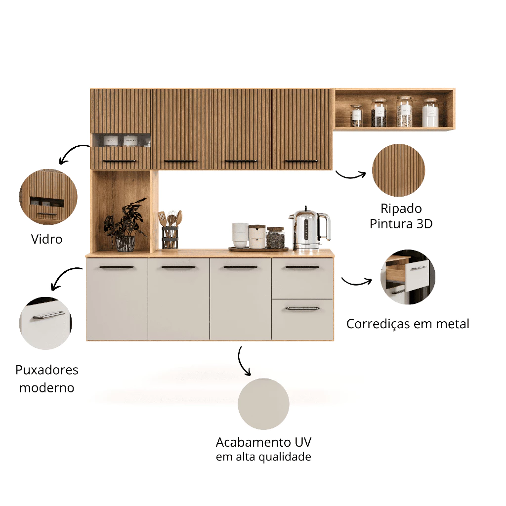 Cozinha Completa Suspensa Juliana Armário Com 7 Portas E 2 Gavetas - Maxi Do Brasil