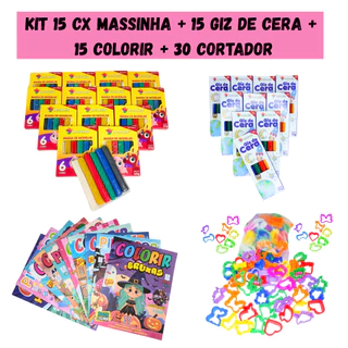 15 Massinha Modelar + 15 Giz de Cera + 15 Colorir + 30 Cortador p/ Kit Festa Lembrancinha Infantil em Oferta na Shopee