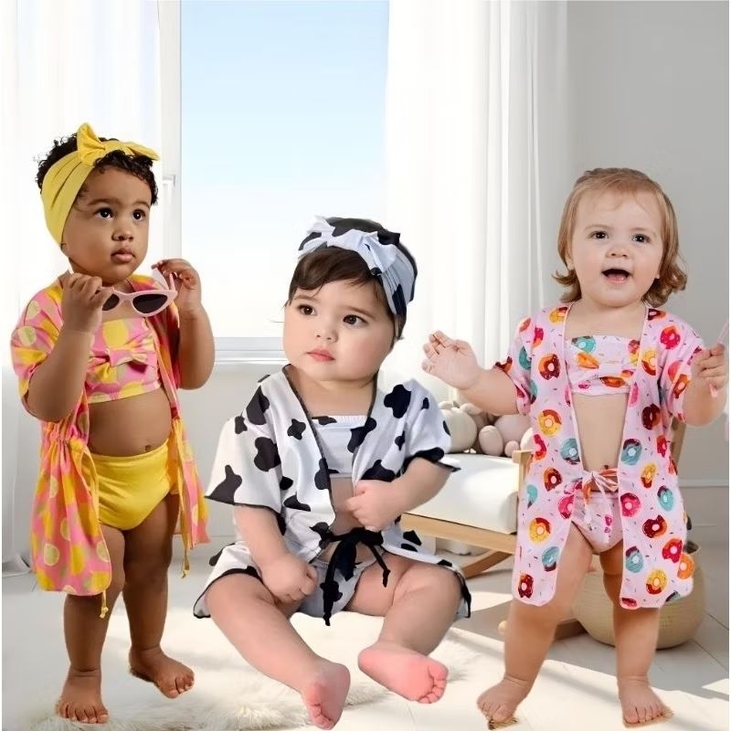 ★neann★ FOIL PRINT BABY TUNIC TOP Moda Praia Bebê Infantil Menina - Top + Calcinha + Laço De Cabelo