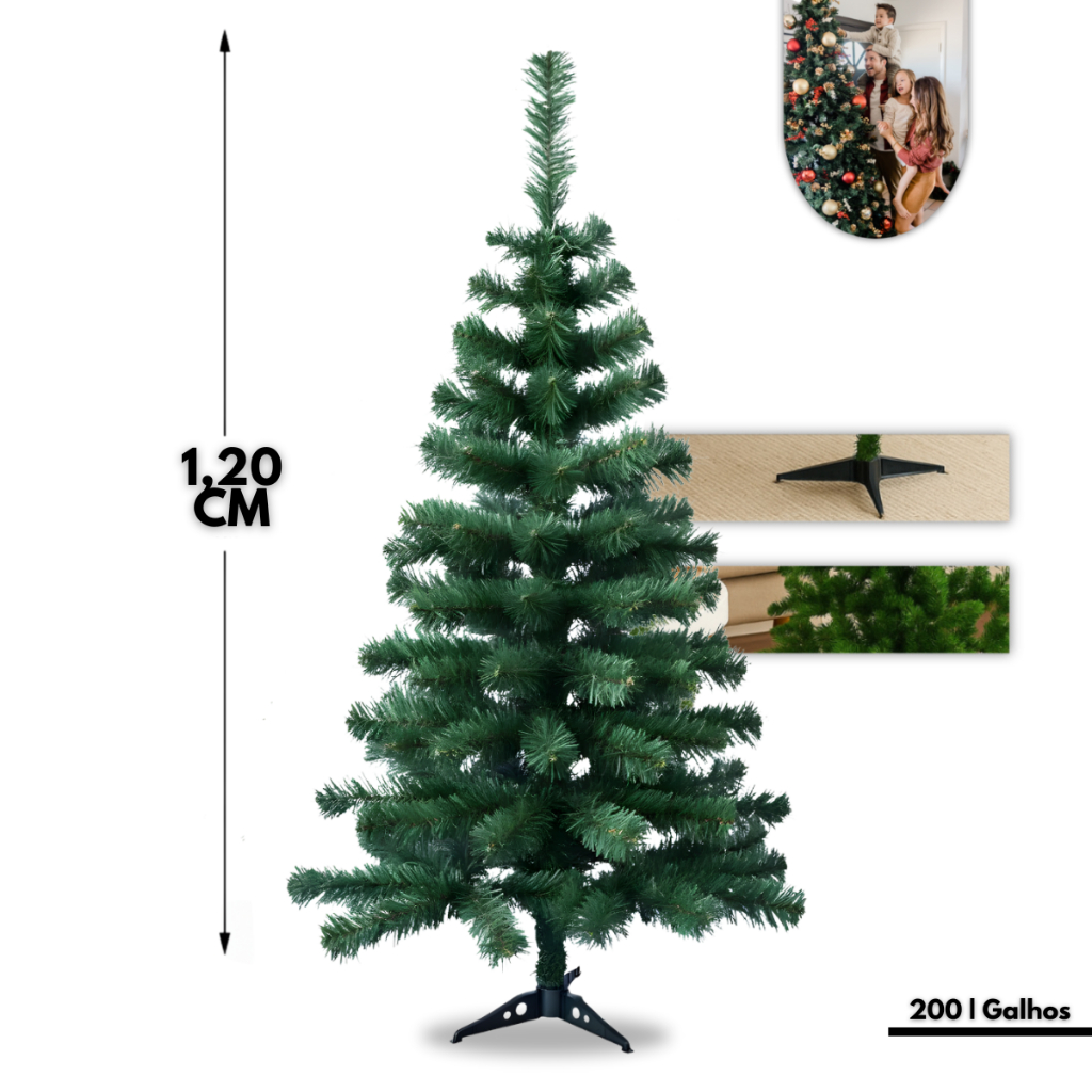Árvore de Natal Verde 1,20m 200 Galhos Pé Plástico Decoração Natalina Natal Premium