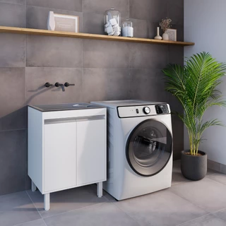 Tanque De Inox 46l Lavar Roupas Lavanderia Com Gabinete Armario Mdf BRANCO 60cm Entregue Montado