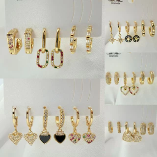Kit 3 Pares de Brincos Femininos Banhados a Ouro 18K e Prata 925, Coração, Argola e Zircônias Coloridas