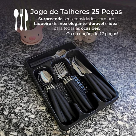 Jogo De Talheres inox Porta Talher Com 25 ou 17 Peças Diversas Cores