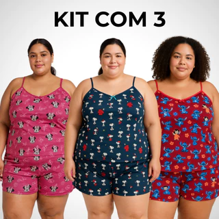 Pijama De Dormir Plus Size Feminino Kit  03  Short e Regata de Alcinha Malha Estampada Confortável em Oferta na Shopee