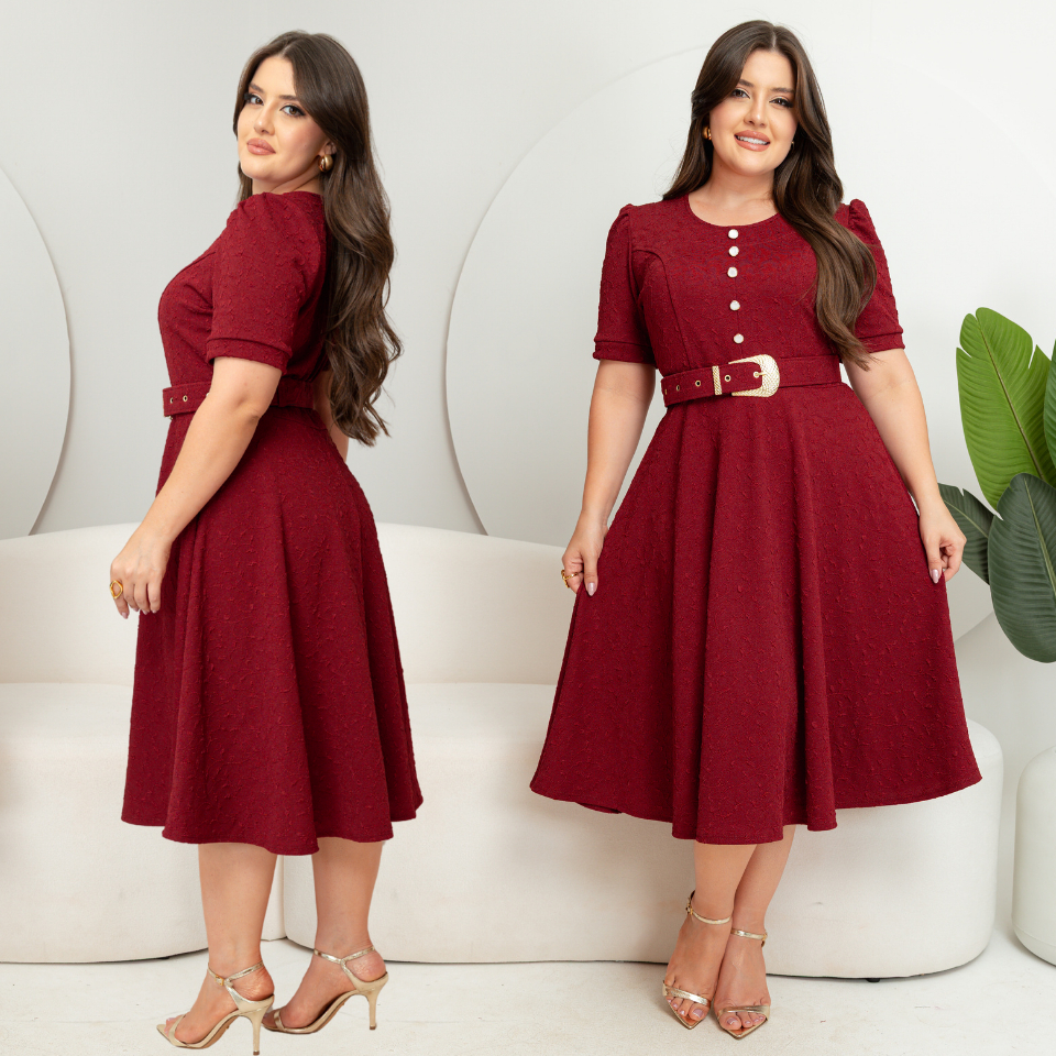 Vestido Midi Feminino com Cinto e Botões, Saia Rodada em Jacquard
