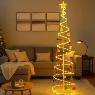 Árvore de Natal Espiral de LED 180cm Com Enfeites Cone Iluminada Dobravel Enfeitada Decorada