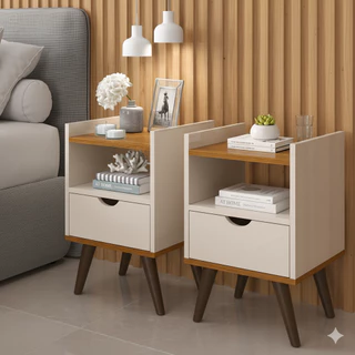 KIT 2 UN OU 1 UN Mesa de Cabeceira Lateral de Cama com Gaveta Pés Com Puxador Usinado e Prateleira
