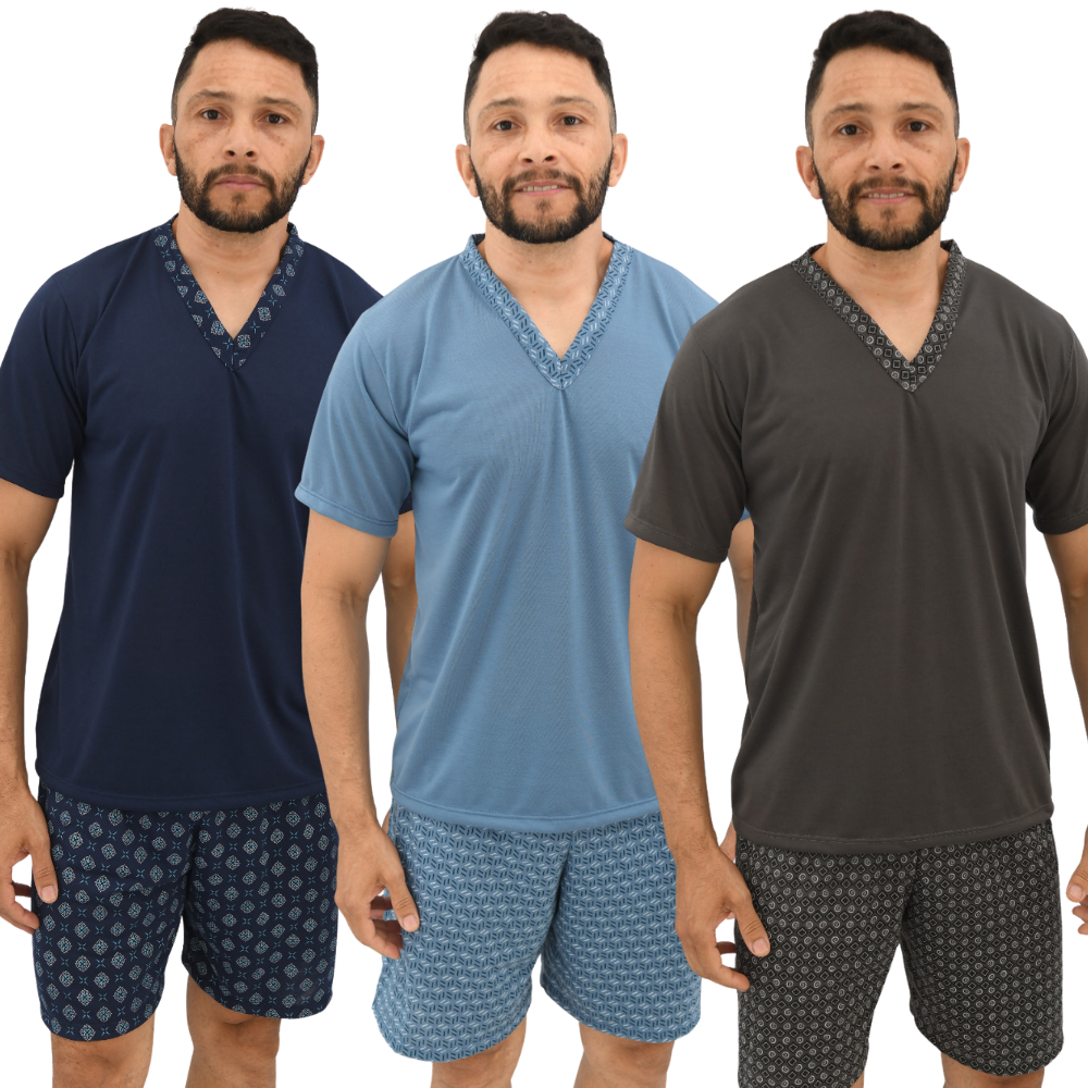 Pijama Masculino Malha PP Gola V 100% Poliéster com Short Variadas Cores Pijama Masculino Malha PP Gola V 100% Poliéster com Short Variadas Cores