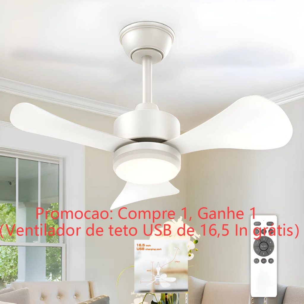 Ventilador de Teto Preto/Branco com Luz e Controle Remoto, Ventilador ...