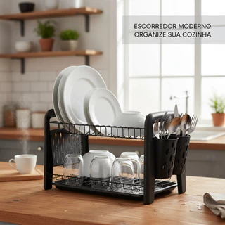 Escorredor Pratos e Louças Duplo Mesa Desmontável Black Bancada Cozinha Churrasqueira