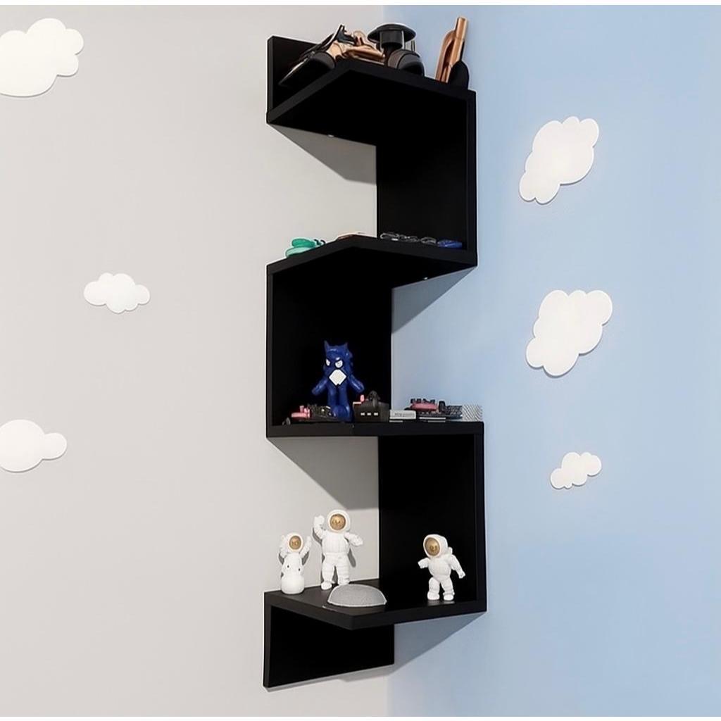 Prateleira De Canto Reto Branco Preto Madeirado Estante Livros Nicho Brinquedos