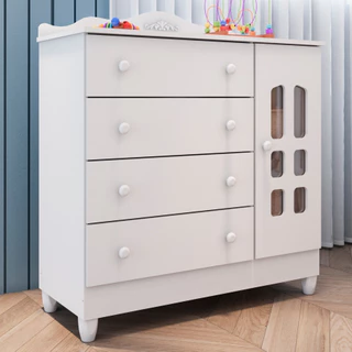 Cômoda Infantil Provençal Lisa 4 Gavetas com Porta Fraldário 100% MDF Branca em Oferta na Shopee