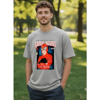 Camiseta Carlo Acutis Super-Herói Masculina 100% Algodão Premium Macia Confortável Moderna Religiosa Representa sua FÉ