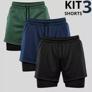Kit 3 Shorts Masculino 2 Em 1 Academia Corrida Fitness Com Bolso