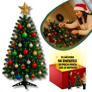 Árvore de Natal 1,50m e 210 Galhos Decoração Pinheiro Canadense 58 Enfeites ou Somente Árvore
