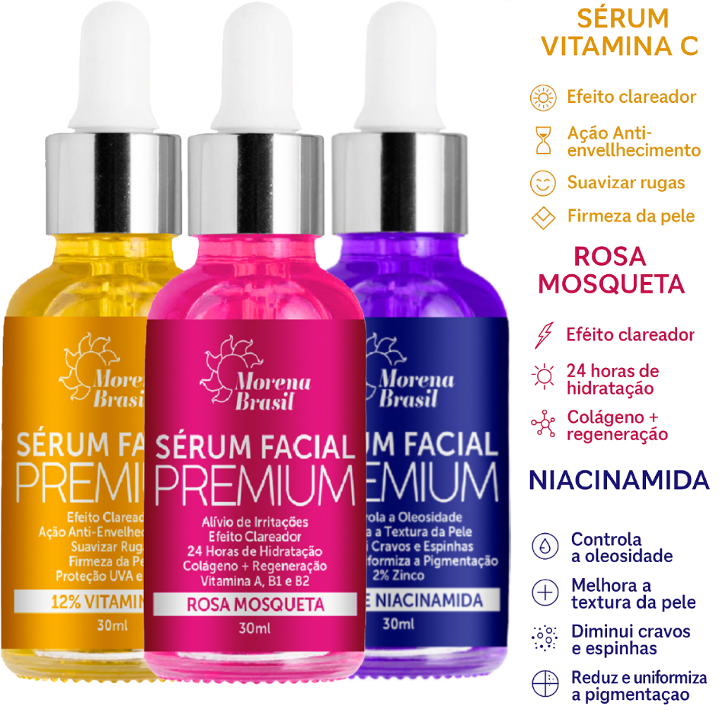 Kit Séruns Faciais Premium 3x | Rosa Mosqueta + Vitamina C 10% +
