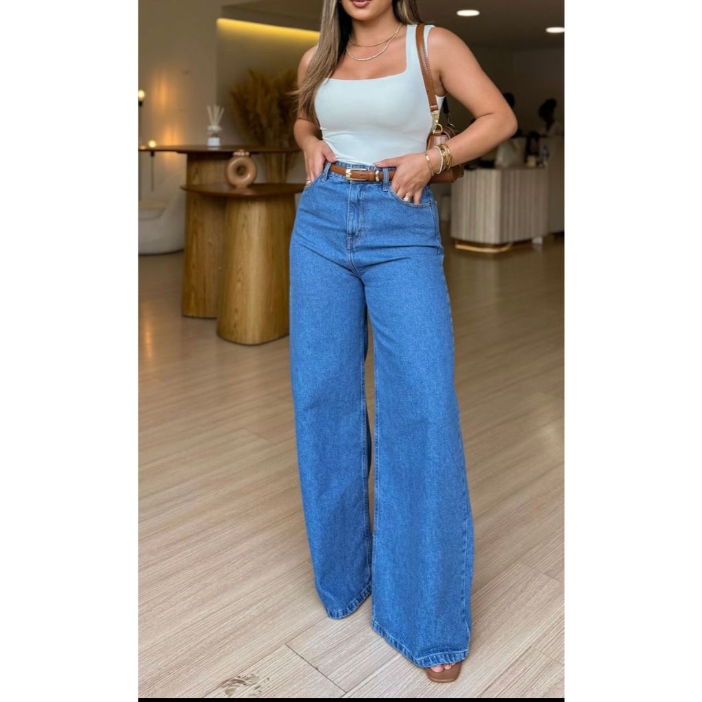 Calça Jeans Feminina Wide Leg Pantalona | Shopee Brasil