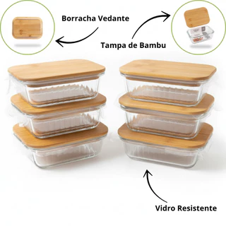 Kit 6 Potes Herméticos de Vidro 370ml | Tampa de Bambu e Design Sofisticado